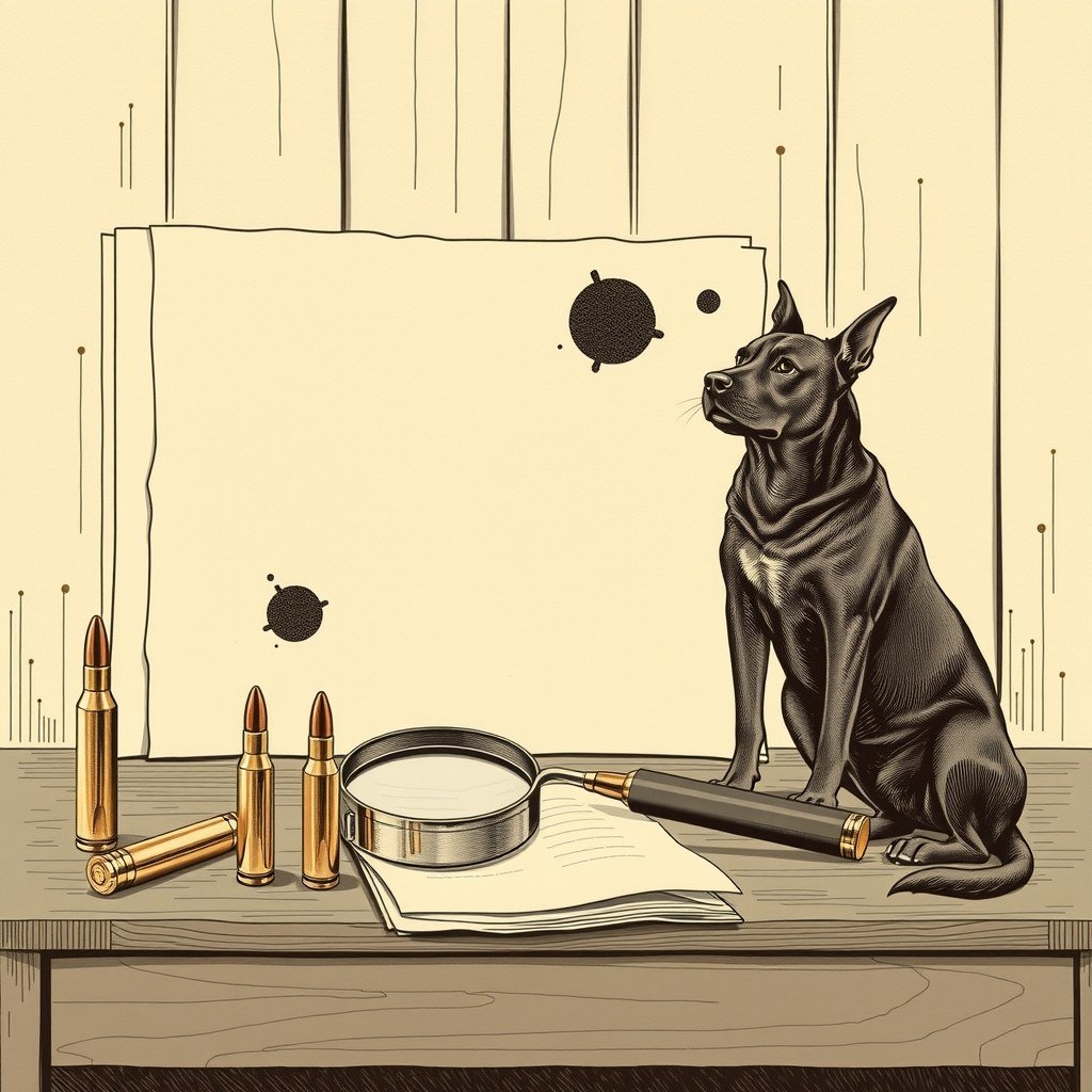 Ilustração de uma mesa com estojos de munição, uma lupa e papéis manchados, com um cão farejador sentado ao lado