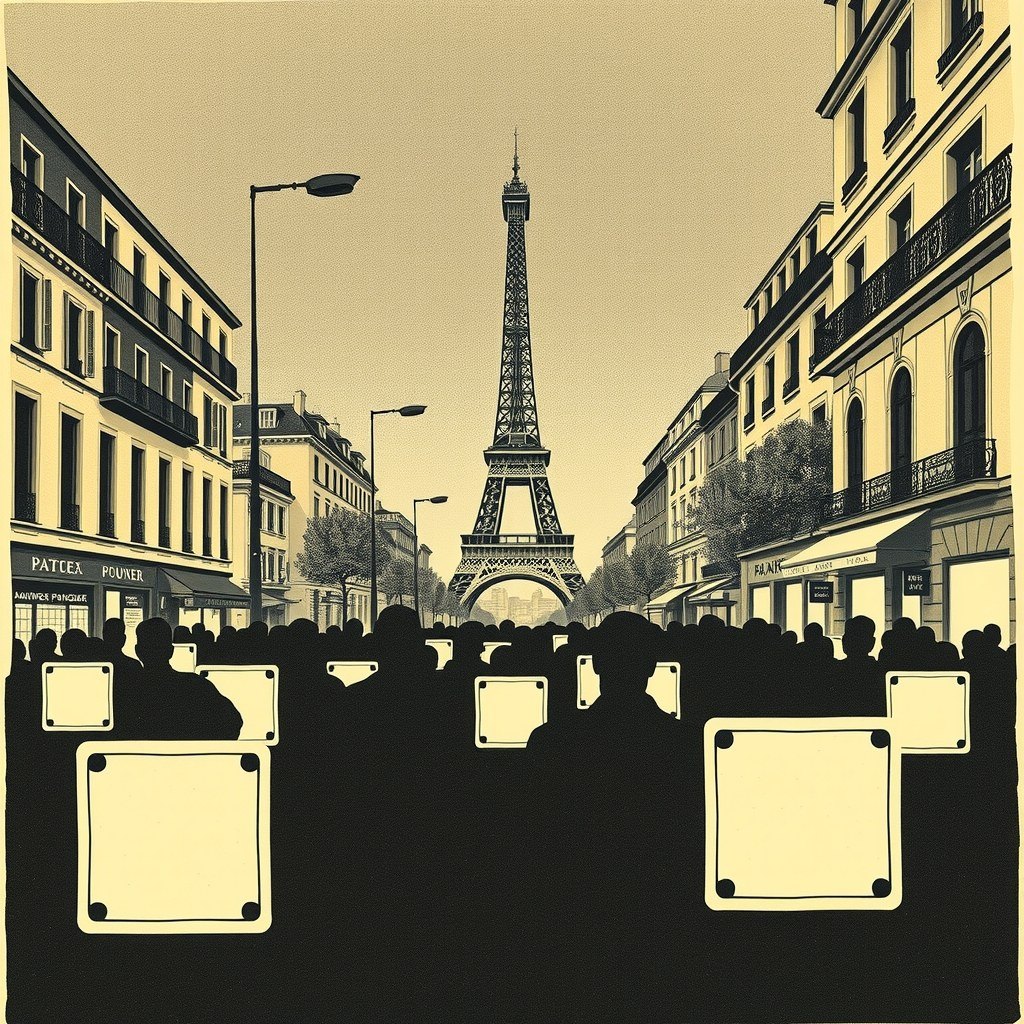 Ilustração de uma avenida de Paris com a Torre Eiffel ao fundo e uma multidão em silhueta marcada por quadros de detecção facial